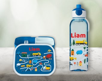 Lunchbox Campus Bento Box en bidon kleur blauw met naam en motief bouwvoertuigen