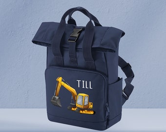 Kinderrucksack Roll-Top Recycled Navy Dusk mit Name und Motiv Bagger