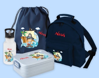 Set rugzak klassiek - lunchbox maxi - gymtas polyester - roestvrijstalen fles in marineblauw met piratenmotief