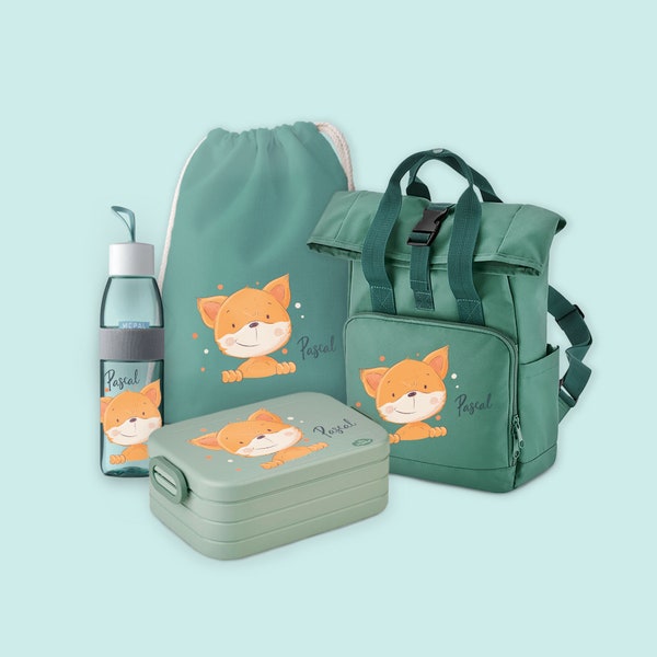 Set backpack roll-top with bento lunch box, jute bag & drinking bottle Ellipse in Sage Green with name and motif fox with dots