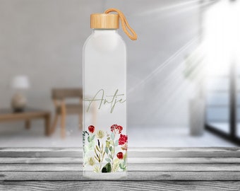 Personalisierte Trinkflasche aus Glas mit Bambusdeckel 1 Liter Blumen