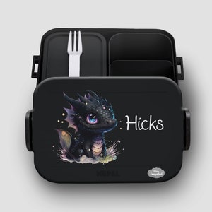 BENTO BOX Take A Break lunch box Ellipse drinking bottle cereal cup in Nordic black with name and baby dragon motif nur Bento Brotdose