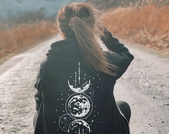 Hoodie mit Planeten & Mond Sterne, Känguru-Tasche, Tunnelzug Kapuzenshirt Pullover in Schwarz