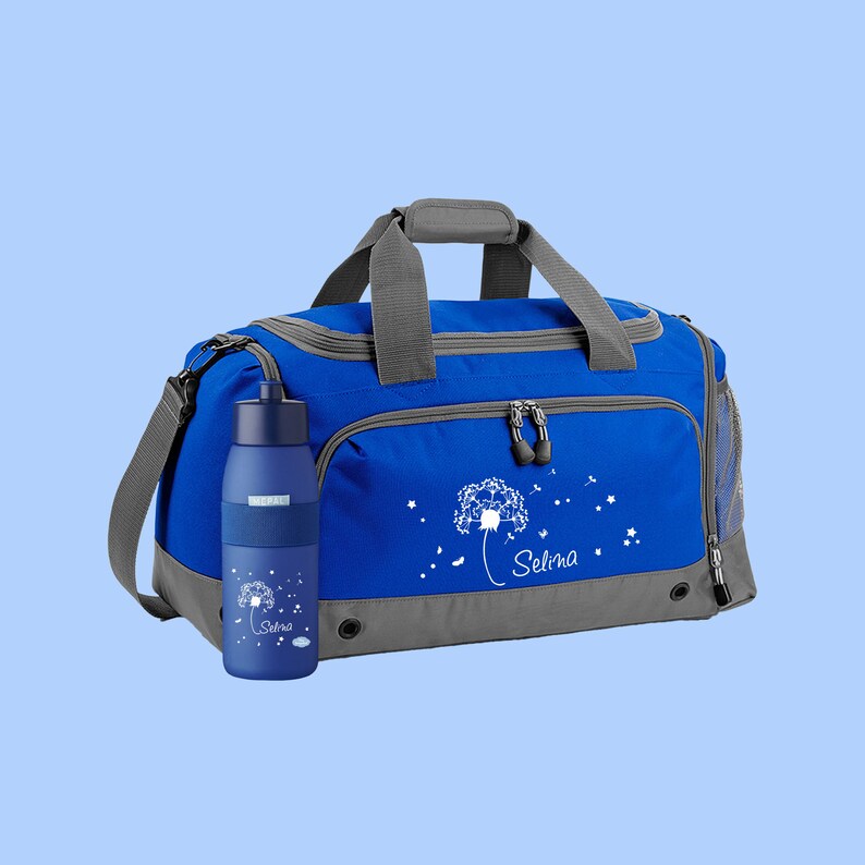 Multi-Sporttasche 41 Liter mit Namen und Motiv Pusteblume Royalblau