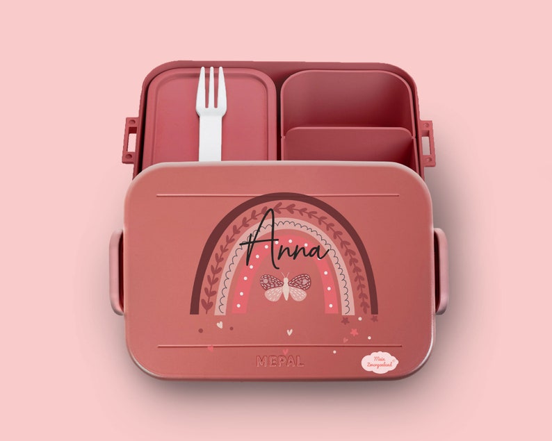 BENTO BOX Brotdose Take A Break Thermoflasche Ellipse Thermo-Lunchpot in Mauve Pink mit Name und Regenbogen Schmetterling nur Bento Brotdose