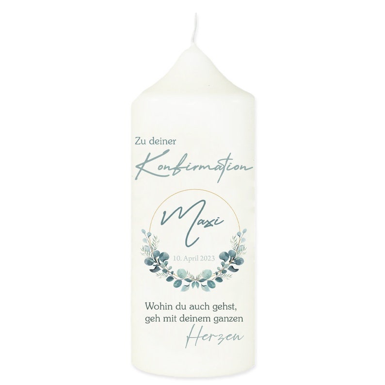 Bougie de baptême en cire pour communion, confirmation, consécration de la jeunesse avec nom, date et motif eucalyptus Blanc