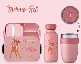 BENTO BOX Brotdose Take A Break + Thermoflasche Ellipse + Thermo-Lunchpot in Nordic Pink mit Name und Reh mit Schmetterlingen