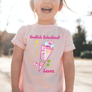 School child T-shirt in pink with name and school bag motif image 3