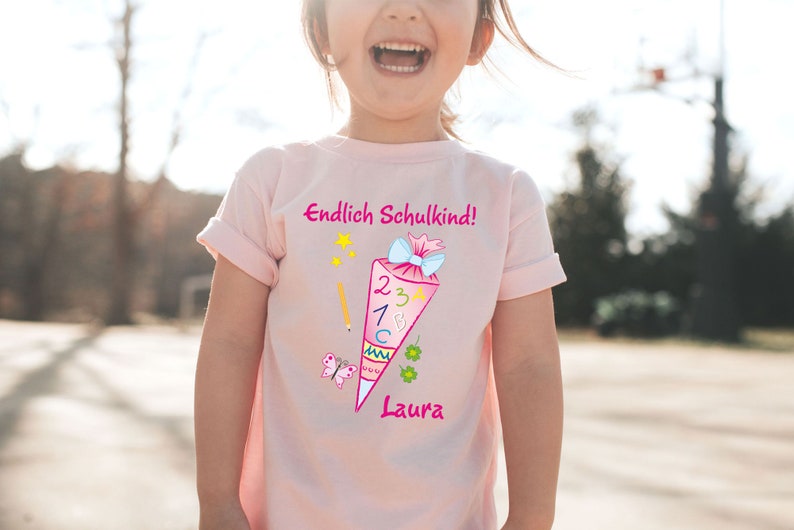 School child T-shirt in pink with name and school bag motif image 3