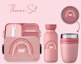 BENTO BOX Brotdose Take A Break + Thermoflasche Ellipse + Thermo-Lunchpot in Nordic Pink mit Name und Regenbogen Schmetterling