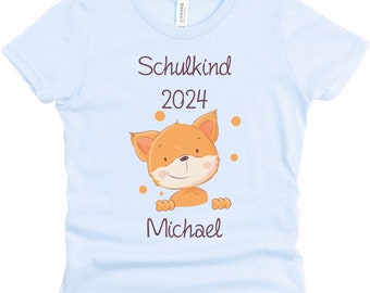 T-shirt school child in skyblue with name and motif fox with dots