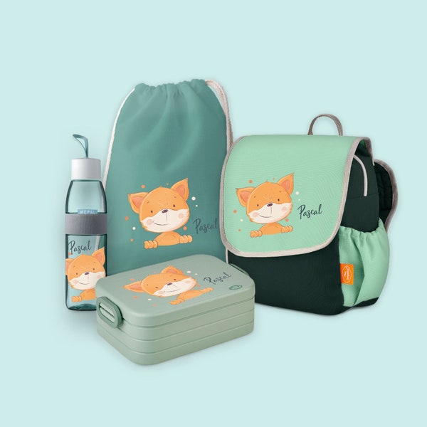 Set backpack Happy Knirps with bento lunch box, jute bag & drinking bottle Ellipse in Sage Green with name and motif fox with dots