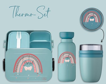 BENTO BOX Brotdose Take A Break + Thermoflasche Ellipse + Thermo-Lunchpot in Nordic Green mit Name und Regenbogen Schmetterling