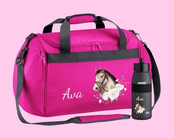 Sports bag 26 liters in fuchsia with name and horse head roses motif