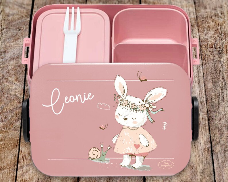 BENTO BOX Brotdose Take A Break Thermoflasche Ellipse Thermo-Lunchpot in Nordic Pink mit Name und Hase mit Schnecke Bild 7