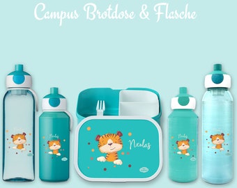 Brotdose Campus Bento Box und Trinkflasche in türkis mit Name und Motiv Tiger mit Punkten