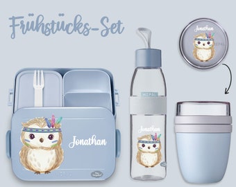 BENTO BOX Take A Break lunchbox - Ellipse drinkfles (voor koolzuurhoudende dranken) - Nordic blue mueslibeker met boho uil