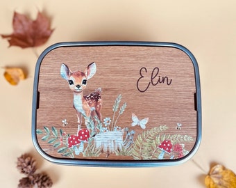 Personalisierte Lunchbox aus Holz und Edelstahl mit Aufdruck, süße Brotzeitbox als Geschenk für Kinder mit Brotzeitbrett