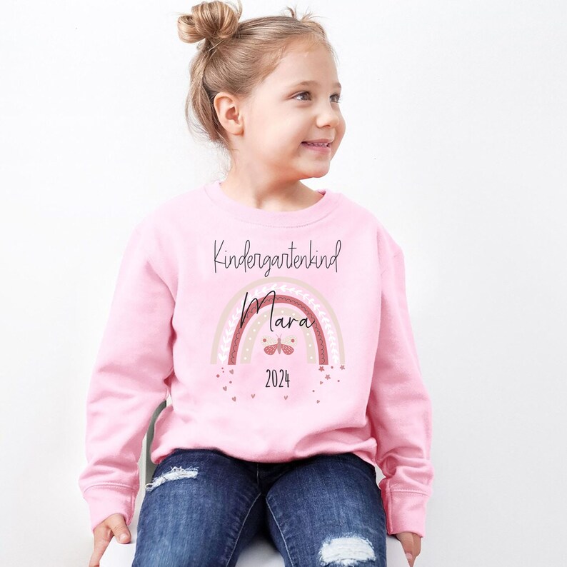 Kindergarten child sweatshirt in pink with name and rainbow butterfly motif image 3