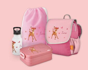 Set 5 sac à dos Happy Knirps NEXT avec boîte à lunch, sac en jute et gourde en acier inoxydable rose avec nom et motif cerf avec papillons