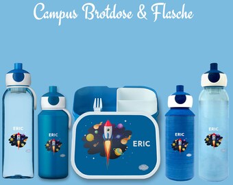 Brotdose Campus Bento Box und Trinkflasche in blau mit Name und Motiv Weltraum Rakete