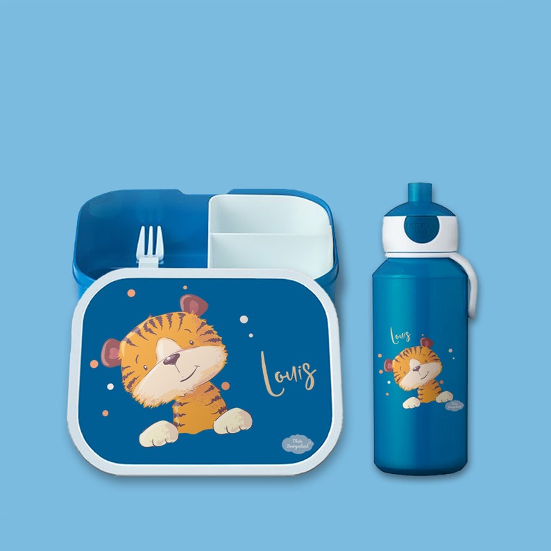 Brotdose Campus Bento Box und Trinkflasche in blau mit Name und Motiv Tiger mit Punkten image 6