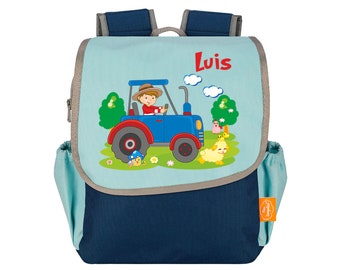 Kindergartenrucksack Happy Knirps NEXT in Blau mit Name und Motiv Traktor Bauernhof