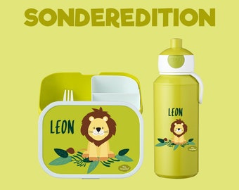 ÉDITION SPÉCIALE!! Boîte à lunch Campus Bento Box gourde pop-up en vert citron avec nom et motif lion animalier