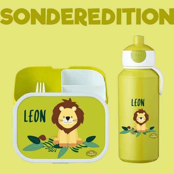 SONDEREDITION!! Brotdose Campus Bento Box Trinkflasche Pop-Up in lime mit Name und Motiv Wildlife Löwe