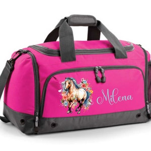 Multi-Sporttasche 41 Liter mit Namen und Motiv Flower Pferd Fuchsia