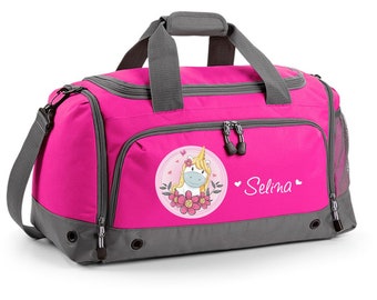 Bolsa multideporte de 41 litros en color fucsia con nombre y motivo de unicornio con flores