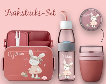 BENTO BOX Lunch box Take A Break - Ellipse drinking bottle (for carbonated drinks) - Cereal cup Vivid Mauve rabbit with snail