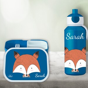 Lunch box Campus Bento Box drinking bottle pop-up in blue with name and fox head motif