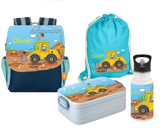 Set 5 Rucksack Happy Knirps NEXT Print mit Brotdose, Jutebeutel & Edelstahl Trinkflasche in Blau mit Name und Motiv Bagger Baustelle