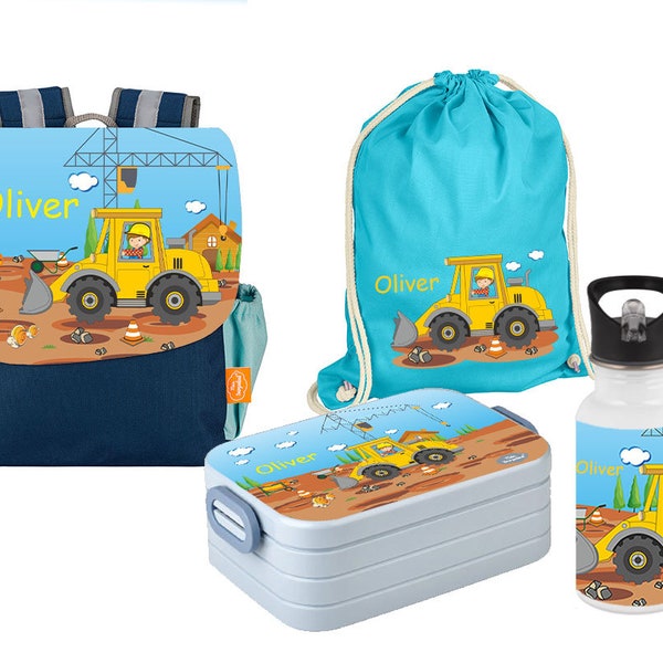Set 5 backpack Happy Knirps NEXT print with lunch box, jute bag & stainless steel drinking bottle in blue with name and motif excavator construction site
