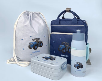 Happy Style Backpack Set with Bento Lunch Box, Jute Bag & Sports Drinking Bottle in Navy with Name and Tractor Blue Motif