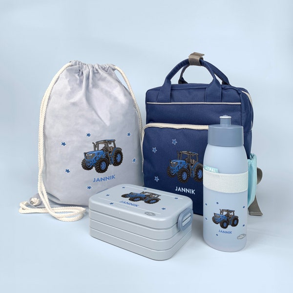 Set Rucksack Happy Style mit Bento Brotdose, Jutebeutel & Sporttrinkflasche in Navy mit Name und Motiv Traktor Blau