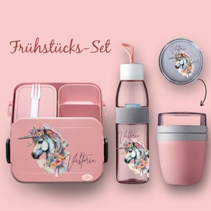 BENTO BOX Brotdose Take A Break - Trinkflasche Ellipse (für kohlensäurehaltige Getränke) - Müslibecher nordic pink  Einhorn Flower