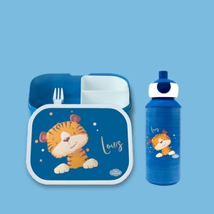 Brotdose Campus Bento Box und Trinkflasche in blau mit Name und Motiv Tiger mit Punkten image 7