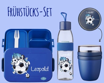 BENTO BOX Brotdose Take A Break - Trinkflasche Ellipse (für kohlensäurehaltige Getränke) - Müslibecher in Vivid Blue mit Fußball Soccer City