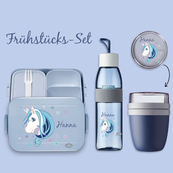 BENTO BOX Brotdose Take A Break - Trinkflasche Ellipse (für kohlensäurehaltige Getränke) - Müslibecher in Nordic Denim mit Einhorn Beauty