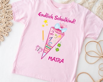 T-Shirt Schulkind in rosa mit Name und Motiv Schultüte