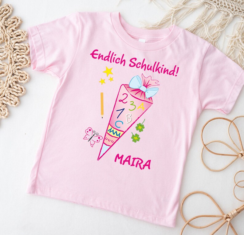 School child T-shirt in pink with name and school bag motif image 1
