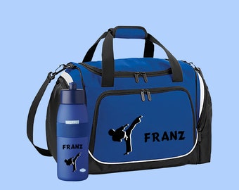 Sports bag 39 liters in royal blue with name and motif Karate