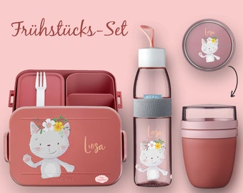 BENTO BOX Brotdose Take A Break - Trinkflasche Ellipse (für kohlensäurehaltige Getränke) - Müslibecher Vivid Mauve Katze mit Blumenkranz