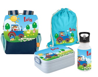 Set 5 Rucksack Happy Knirps NEXT Print mit Brotdose, Jutebeutel & Edelstahl Trinkflasche in Blau mit Name und Motiv Traktor Bauernhof