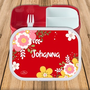 Lunch box Campus Bento Box Mepal in red with name and motif Flower Power