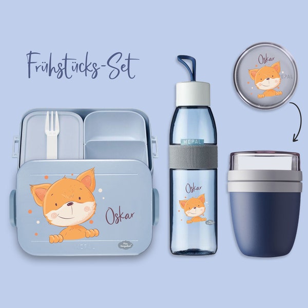 BENTO BOX Brotdose Take A Break - Trinkflasche Ellipse (für kohlensäurehaltige Getränke) - Müslibecher Nordic Denim Fuchs mit Punkten