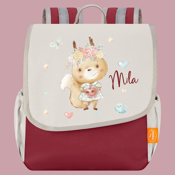 Kindergarten backpack Happy Knirps NEXT in eggplant beige with name and motif squirrel with flower wreath