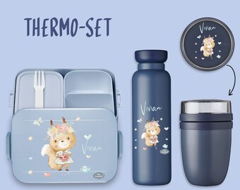 BENTO BOX Brotdose Take A Break + Thermoflasche Ellipse + Thermo-Lunchpot in Nordic Denim mit Name Eichhörnchen mit Blumenkranz